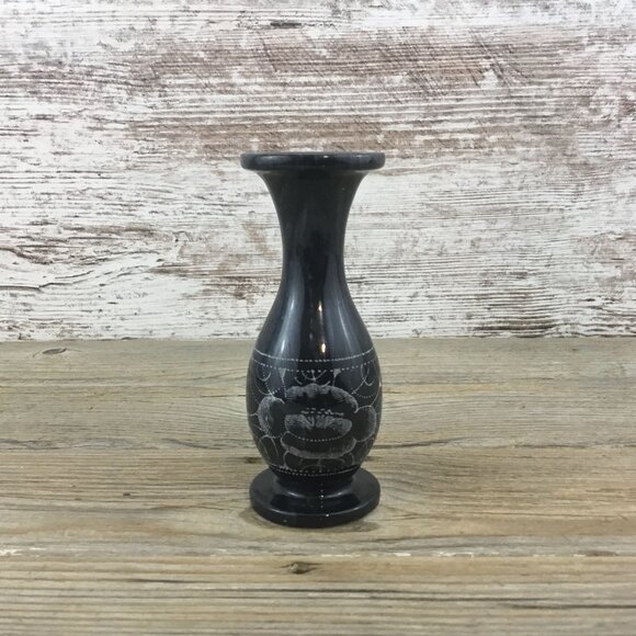 Black and Gray Marble Floral Etched Bud Vase – 5” Tall - Picture 2 of 7